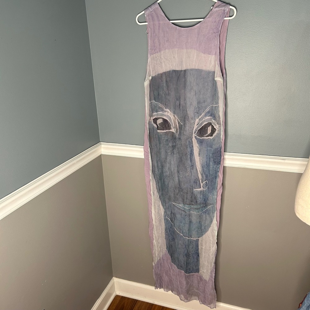 Zara Limited Edition Abstract Face Graphic Maxi Dress Purple V-Back Size M NEW